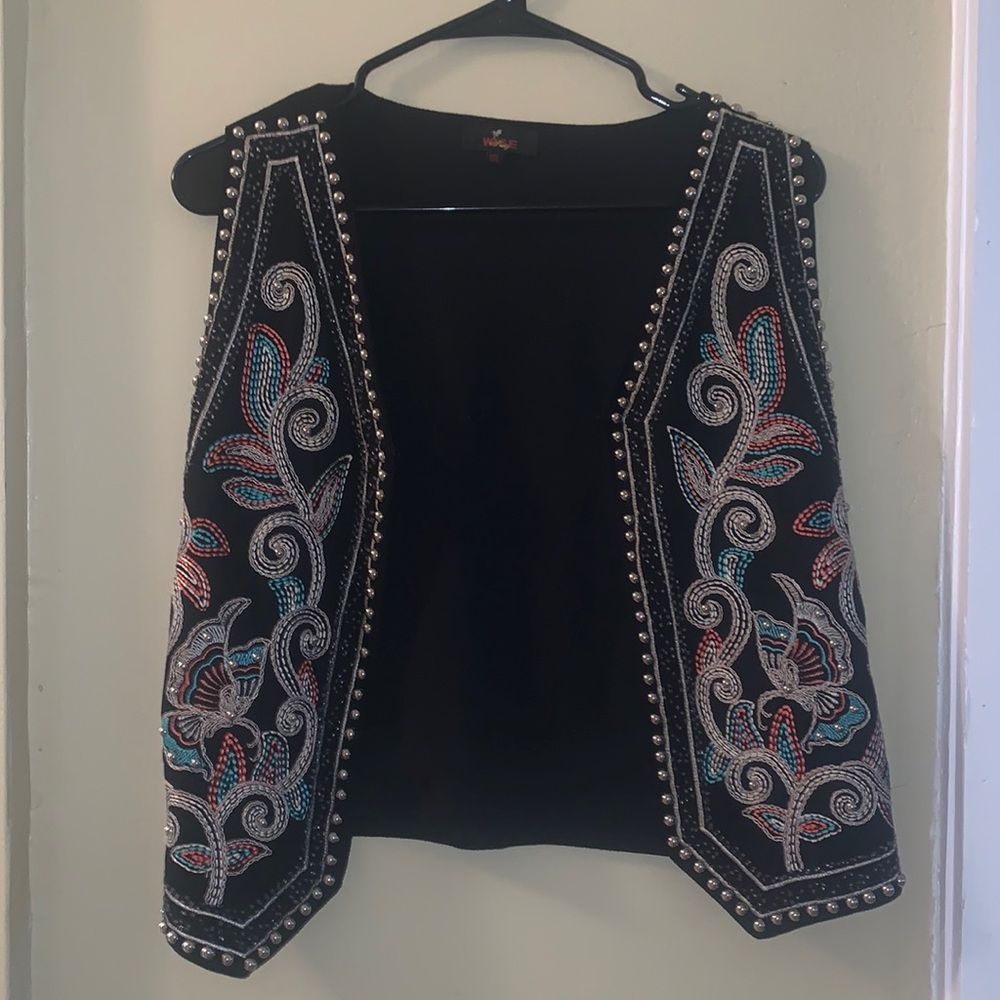Embroidered black suede vest